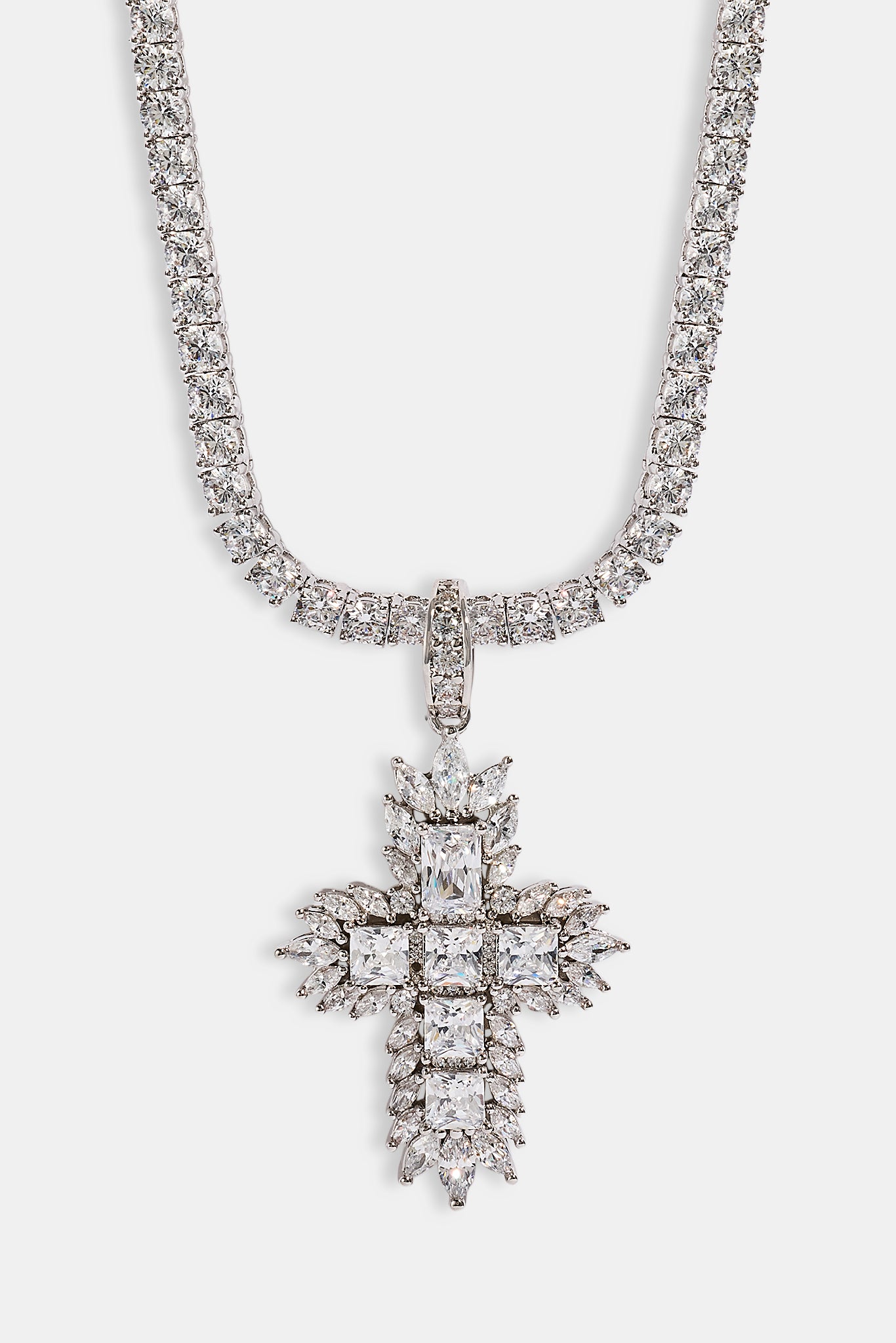 Gemstone Iced Cross Pendant Tennis Necklace - 30mm - White